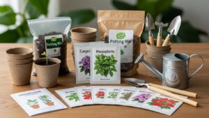 Beginner gardening tools with seed packets, pots, and potting mix on table