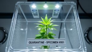 Young plant in quarantine chamber with label, indoor plant care