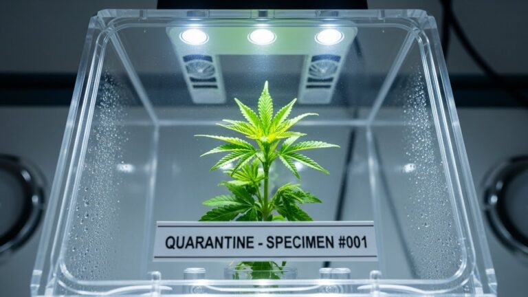 Young plant in quarantine chamber with label, indoor plant care