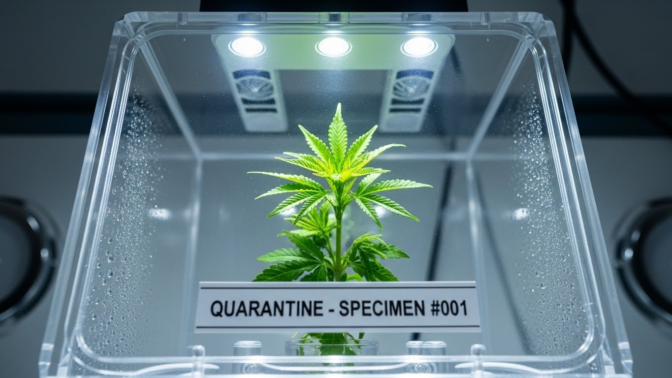 Young plant in quarantine chamber with label, indoor plant care