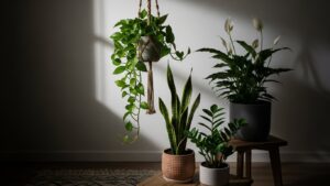 Low light beginner plants including pothos, snake plant, and peace lily
