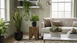 Stylish living room with snake plant, pothos, and succulents