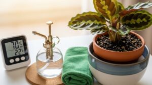 Calathea plant with humidity monitor and spray bottle for beginners.