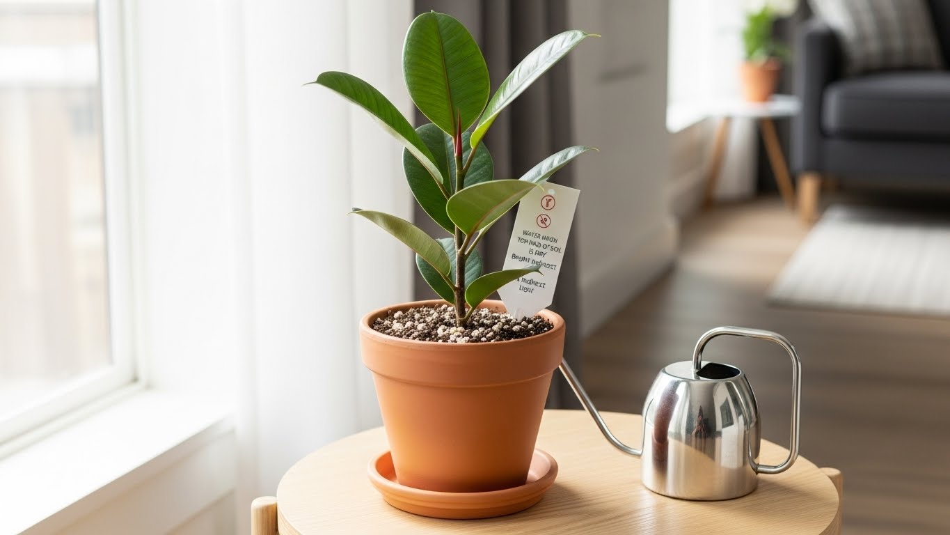 Healthy rubber plant in pot on table with watering can