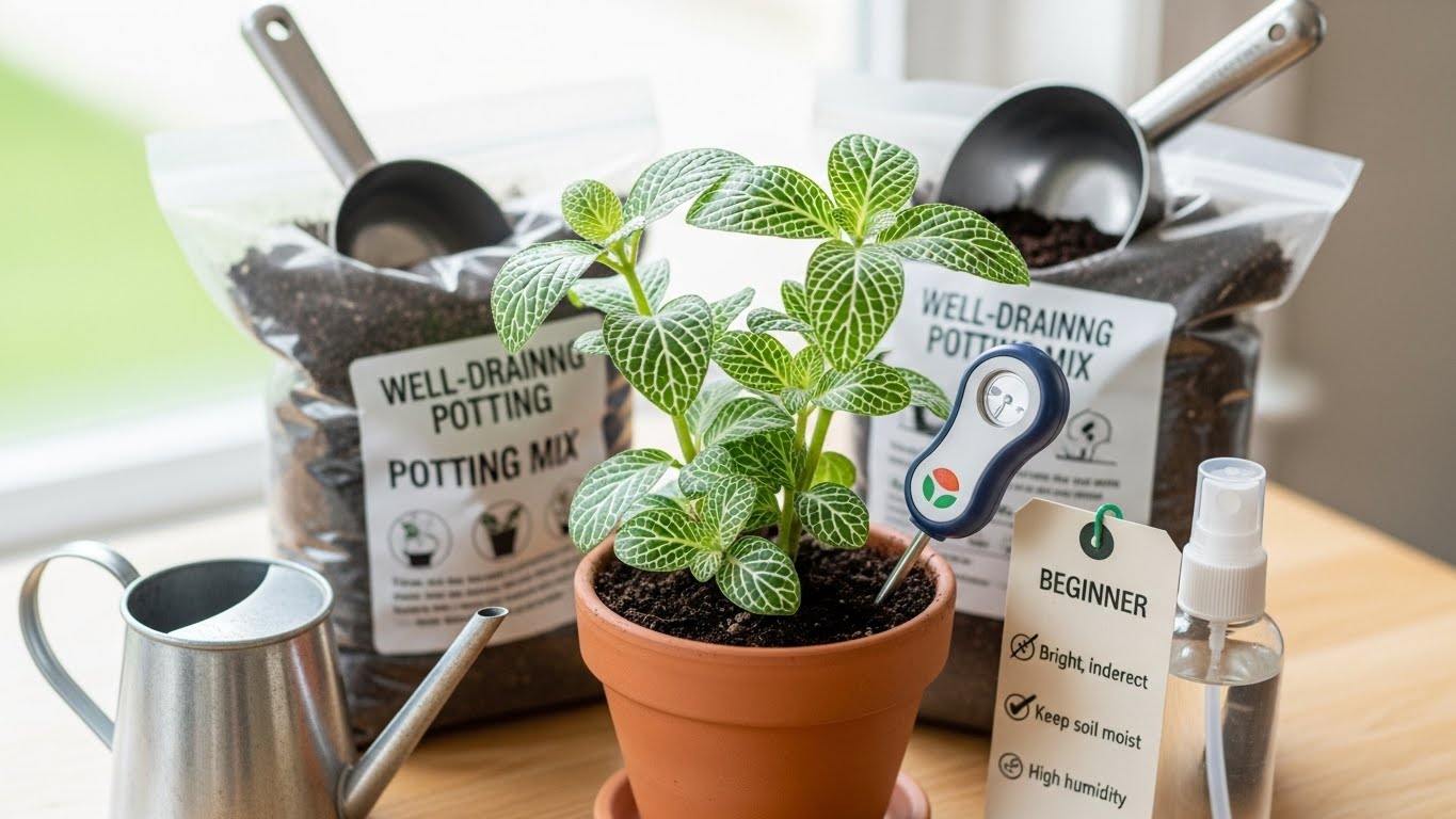 Fittonia plant in pot with potting mix, watering can, and care instructions for beginners