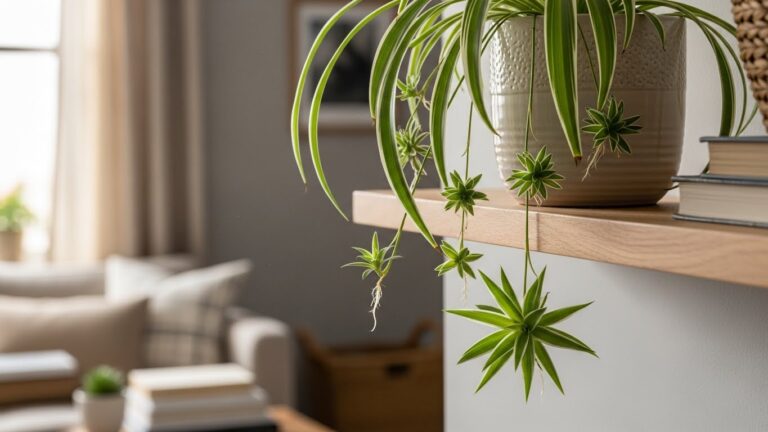 Lush spider plant thriving in a modern apartment setting on a wooden shelf.