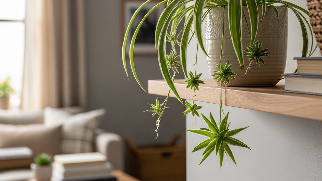 Lush spider plant thriving in a modern apartment setting on a wooden shelf.
