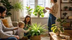 Family with child and safe indoor plants, learning about plant safety for pets and kids