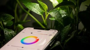 Smartphone plant lighting app with green leaves, water droplets
