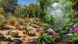 Desert succulents and lush tropical plants in a vibrant garden landscape