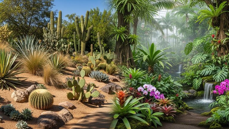 Desert succulents and lush tropical plants in a vibrant garden landscape