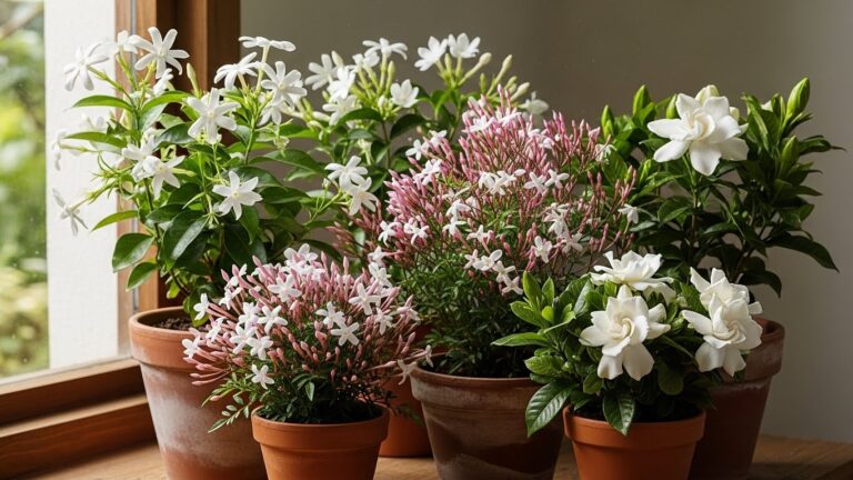 Scented houseplants including jasmine and gardenia in pots by window
