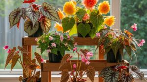 Colorful indoor begonias on display, featuring vibrant foliage and flowers in a bright setting.