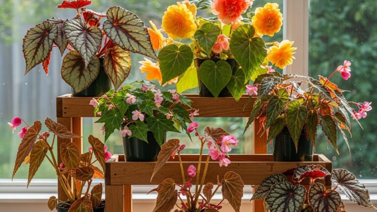 Colorful indoor begonias on display, featuring vibrant foliage and flowers in a bright setting.