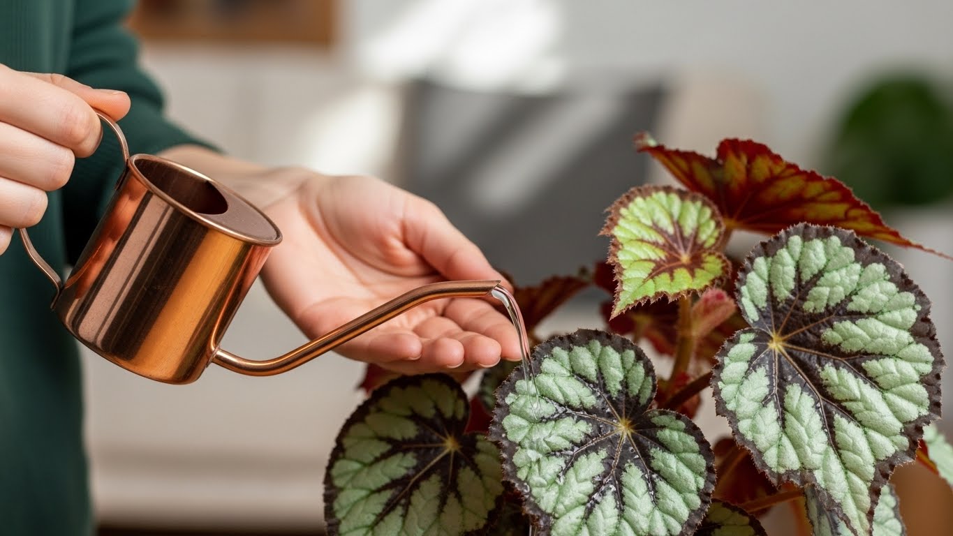 Watering indoor begonia plant with a copper watering can