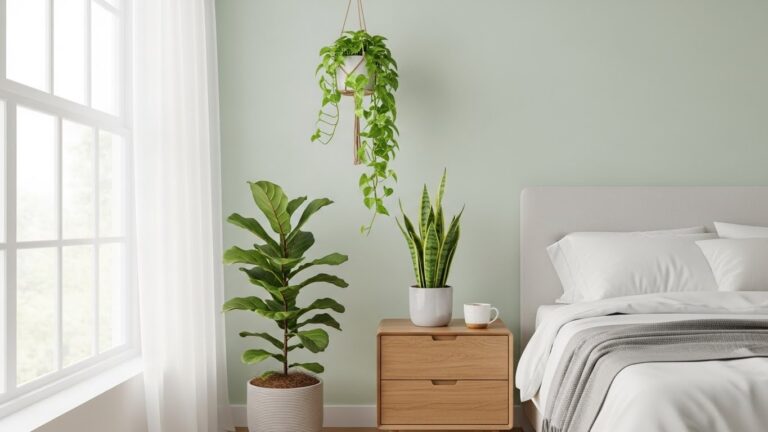 Bedroom with houseplants for improved airflow and calm atmosphere