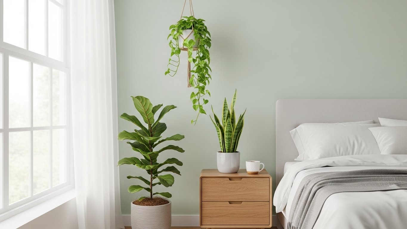 Bedroom with houseplants for improved airflow and calm atmosphere
