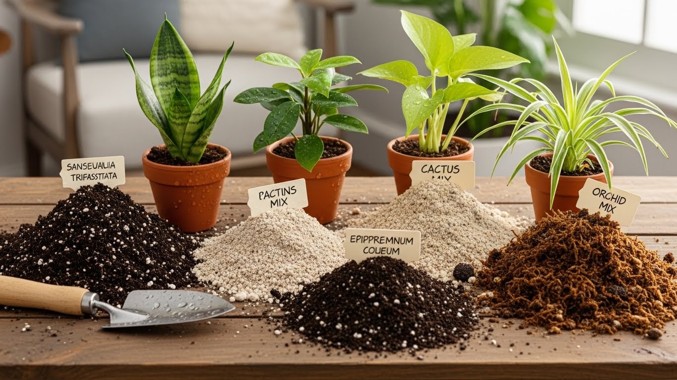 Budget soil mixes for beginners with various plant types in pots