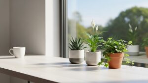 Compact desk plants in pots by window with natural light