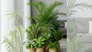 Indoor Kentia palm with companion plants like snake plant and fern