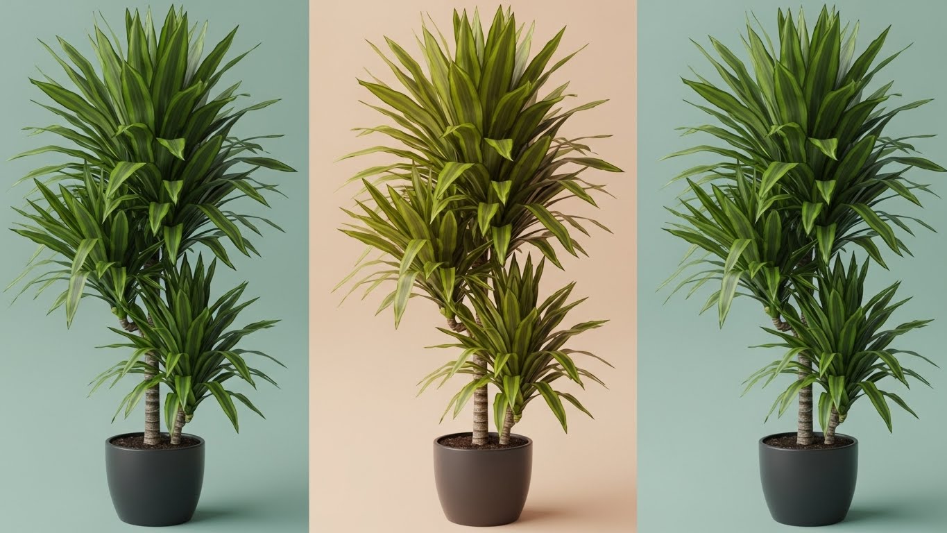 Three potted dracaena plants on pastel backgrounds