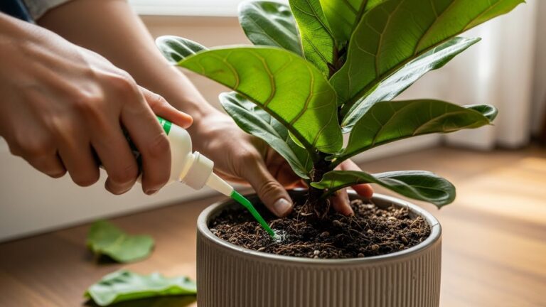 Fiddle leaf fig receiving liquid fertilizer indoors