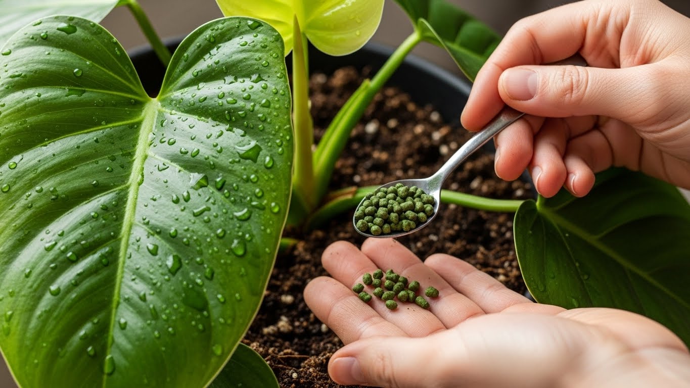 Hand applying fertilizer to indoor philodendron plant with healthy green leaves.