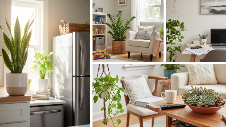 Collage of easy-care indoor plants for busy people in modern home settings