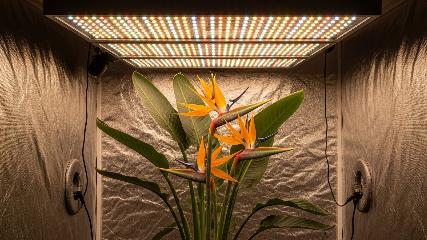 Bird of Paradise under LED grow lights in a reflective tent