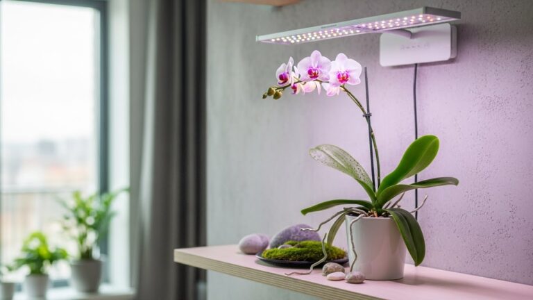 Best grow lights for orchids with pink floral display and LED illumination.