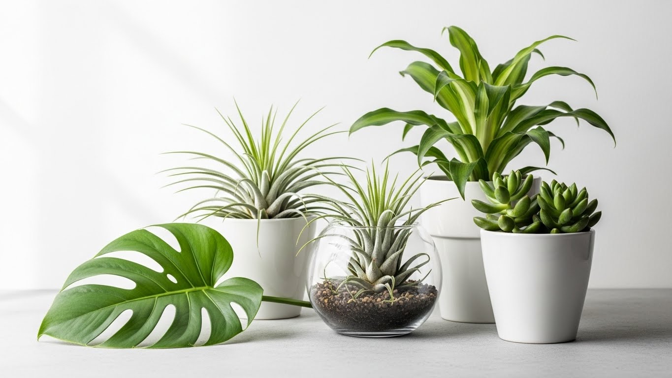 Collection of houseplants in white pots for a clean look