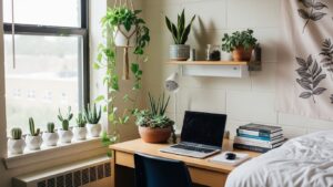 college dorm room with houseplants on desk and shelf