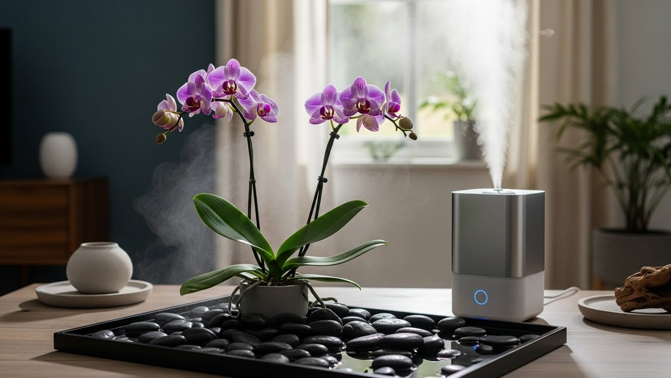 Humidity control for indoor orchids with a purple Phalaenopsis and humidifier.