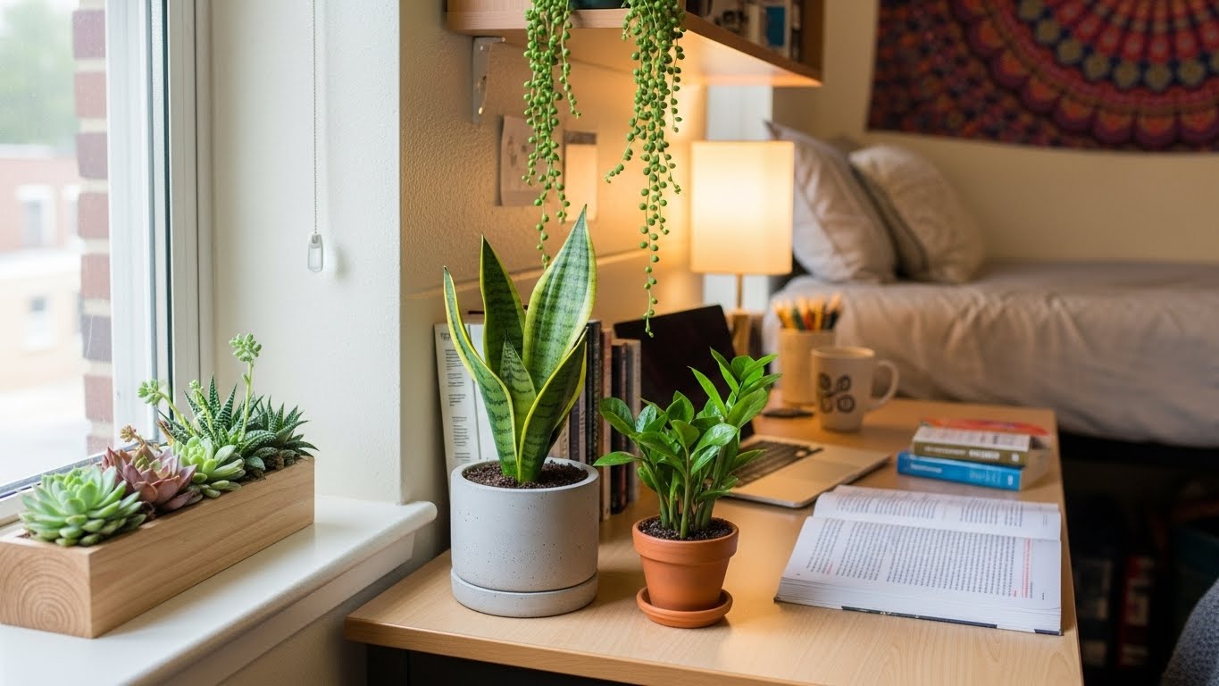 Indoor plants in a dorm room including succulents, snake plant, and zz plant