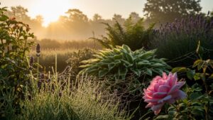 Morning sunlight on garden with flowers and web in east-facing room