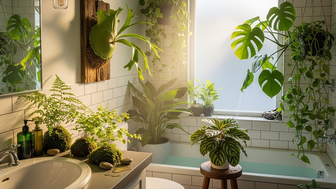 Lush bathroom with various indoor plants like ferns and monstera hanging by a window