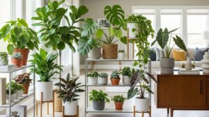 Various low-maintenance indoor plants in a stylish living room setup