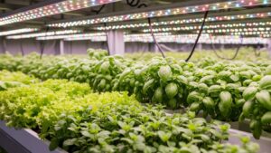 Indoor basil and lettuce plants thriving under LED grow lights