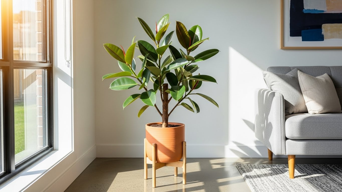 Rubber plant in sunlit modern living room corner