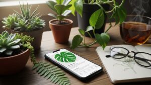 Succulents and monstera plant with phone showing plant care tips on Instagram