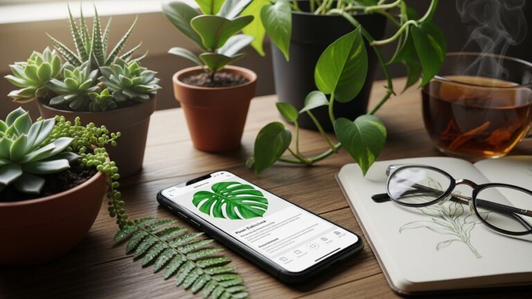 Succulents and monstera plant with phone showing plant care tips on Instagram