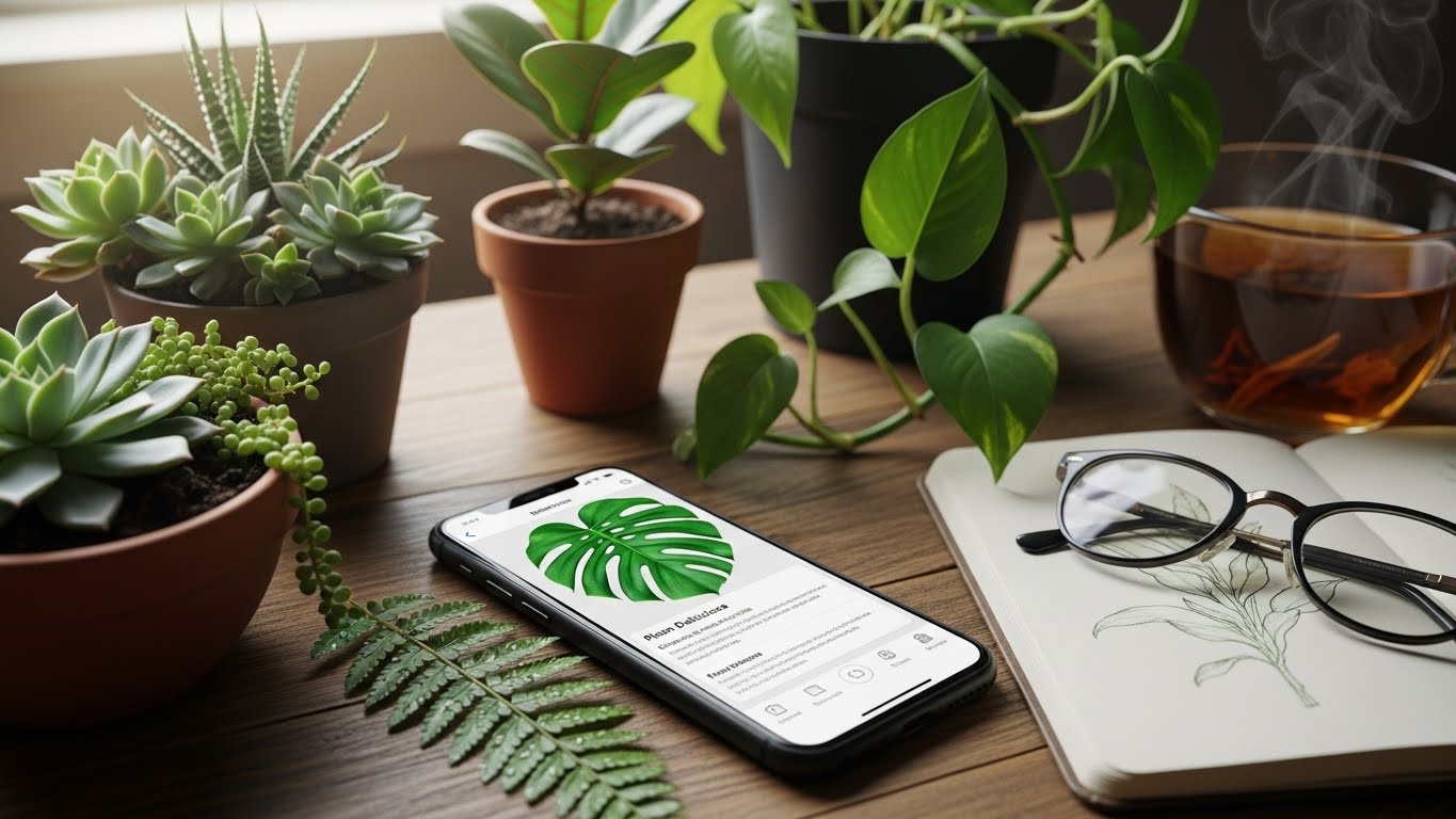 Succulents and monstera plant with phone showing plant care tips on Instagram