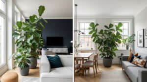 Interior with large fiddle leaf fig plants in modern living spaces.