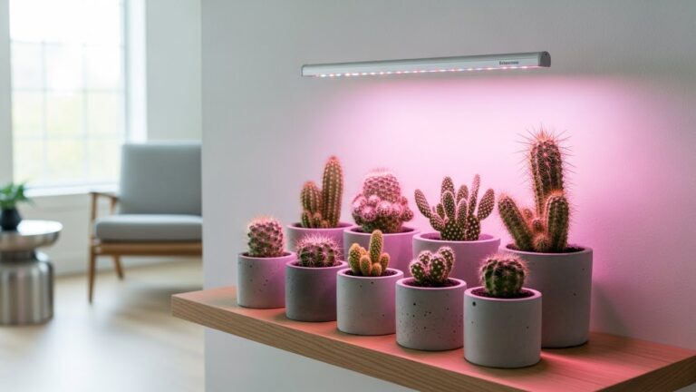 Mini cactus collection under LED grow lights for optimal care