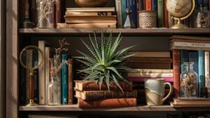 Aloe succulent on stacked books in a cozy bookshelf setting, ideal for busy plant lovers.