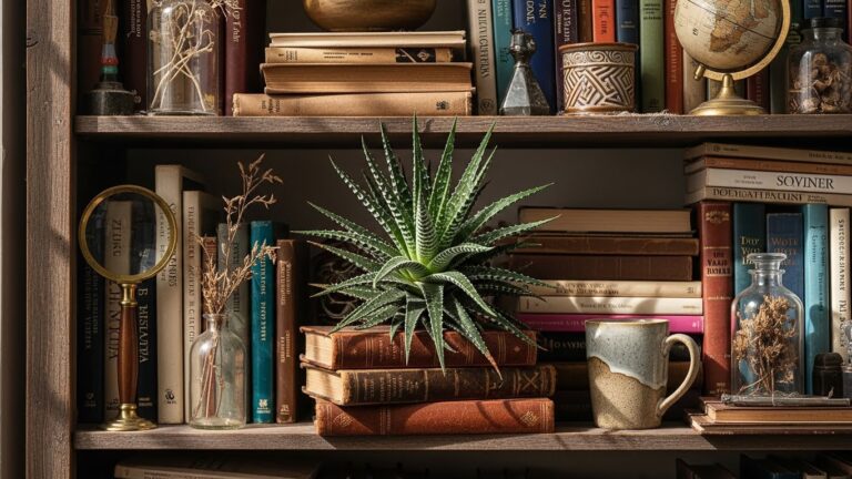 Aloe succulent on stacked books in a cozy bookshelf setting, ideal for busy plant lovers.