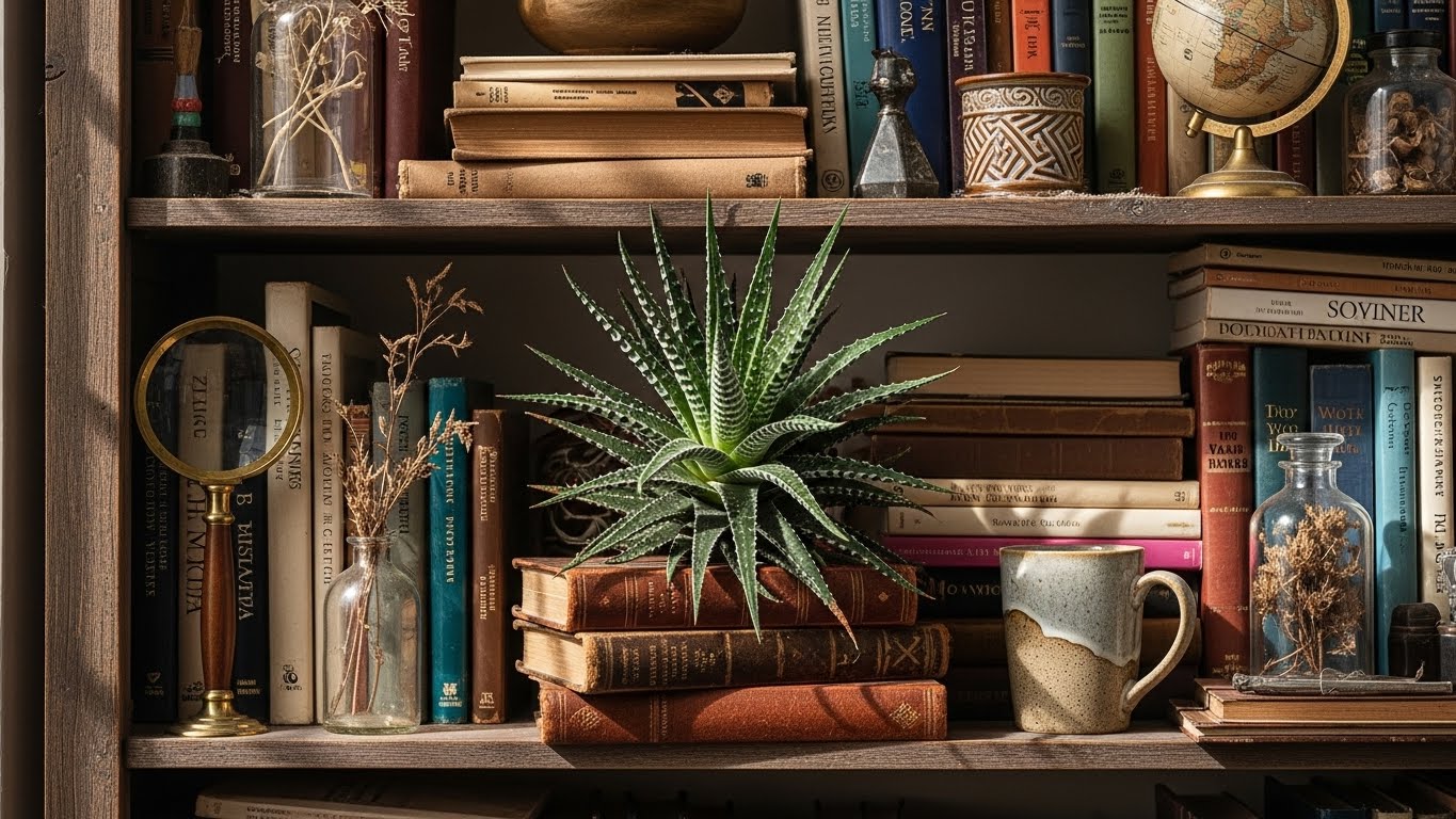 Aloe succulent on stacked books in a cozy bookshelf setting, ideal for busy plant lovers.