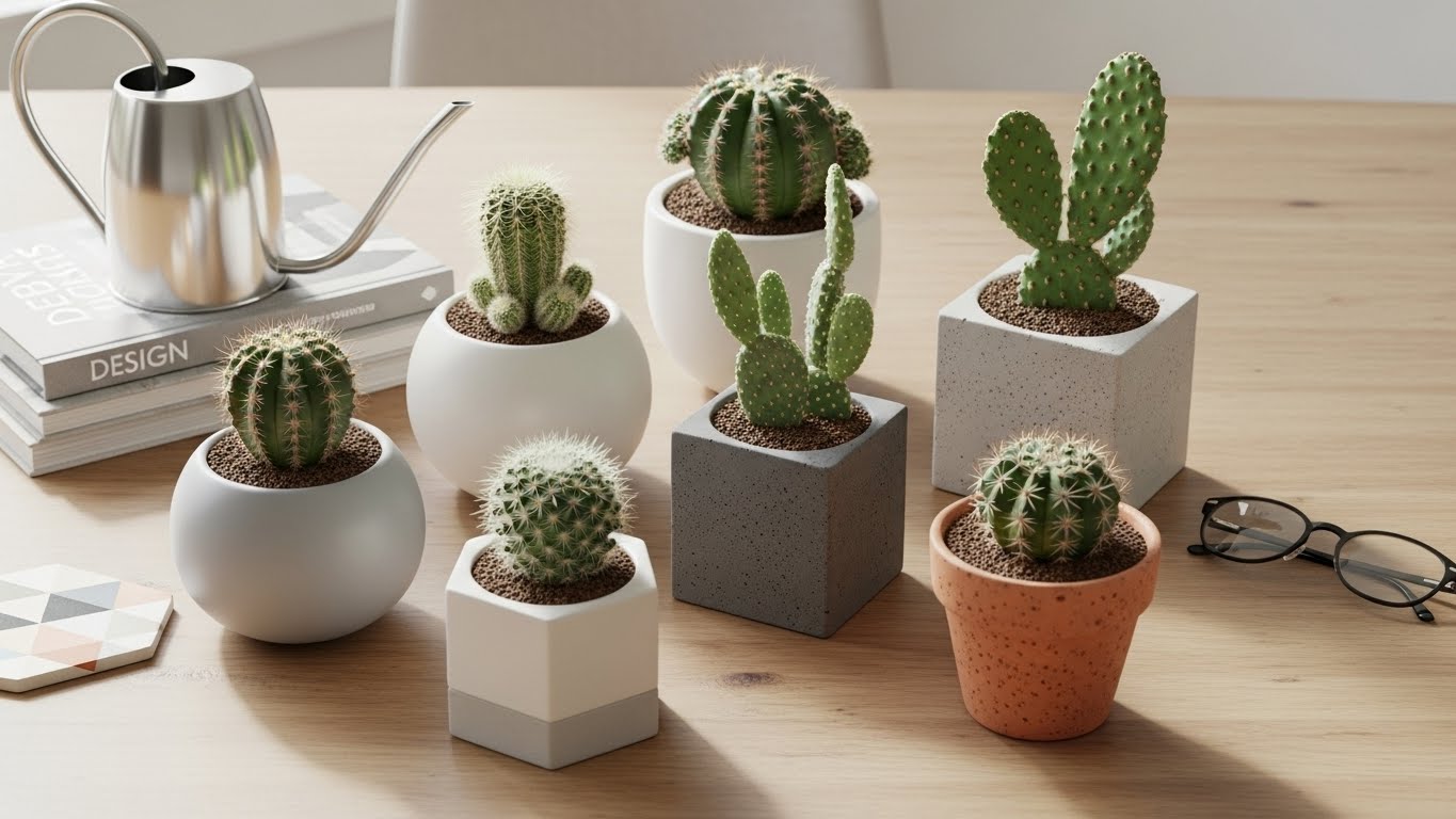 Stylish planters showcasing various mini cacti on a wooden table for home decor inspiration.