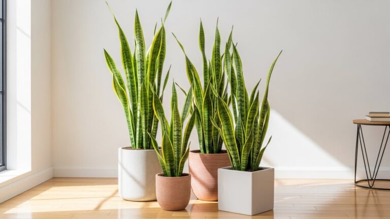 Tall snake plants in stylish planters on wooden floor near window