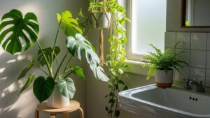 Lush bathroom plants including monstera and ferns beside a bright window